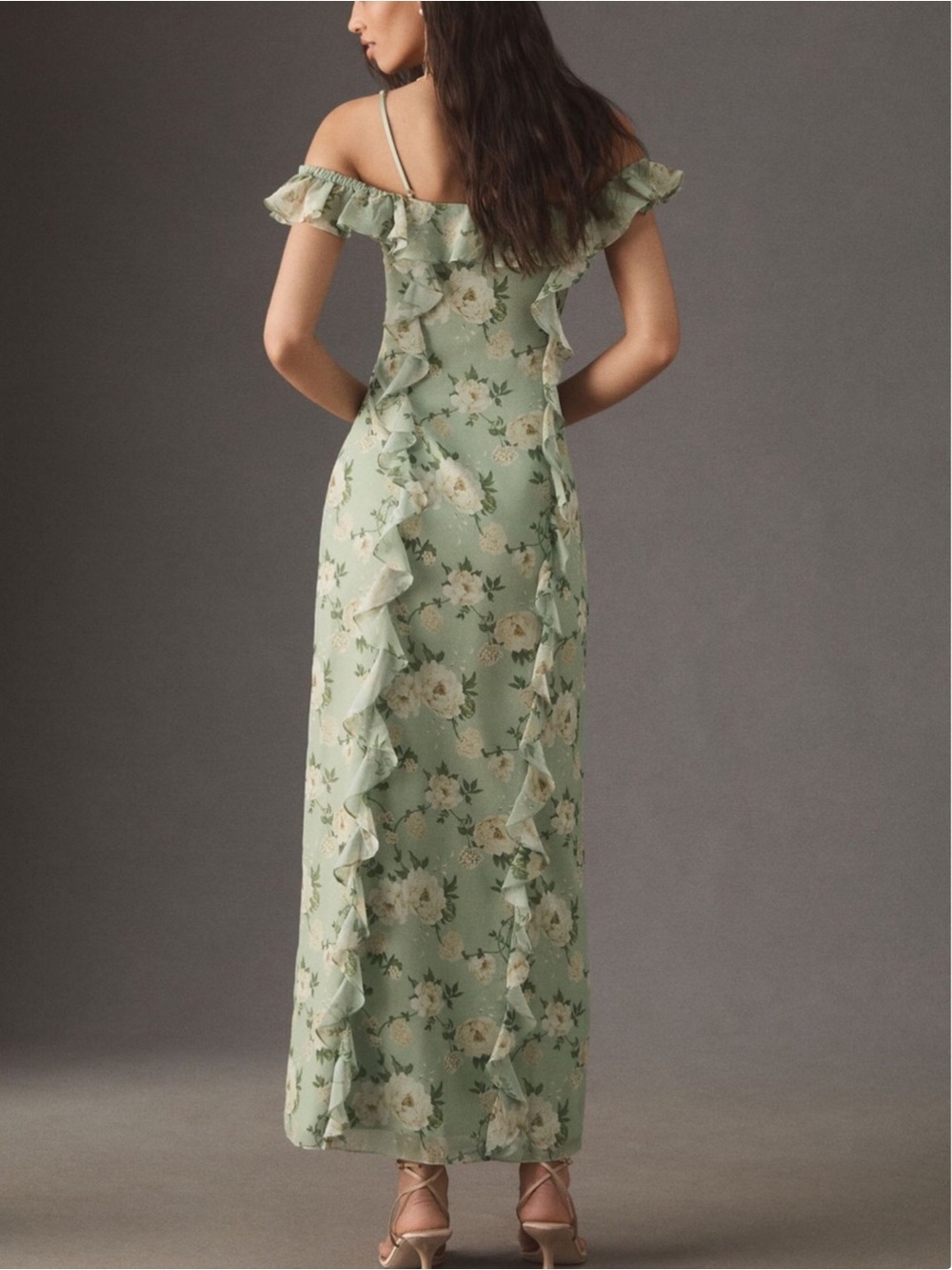 Dreamy Anthropologie BHLDN Off-Shoulder Ruffled Green Chiffon Maxi Dress XXS - Picture 4 of 12